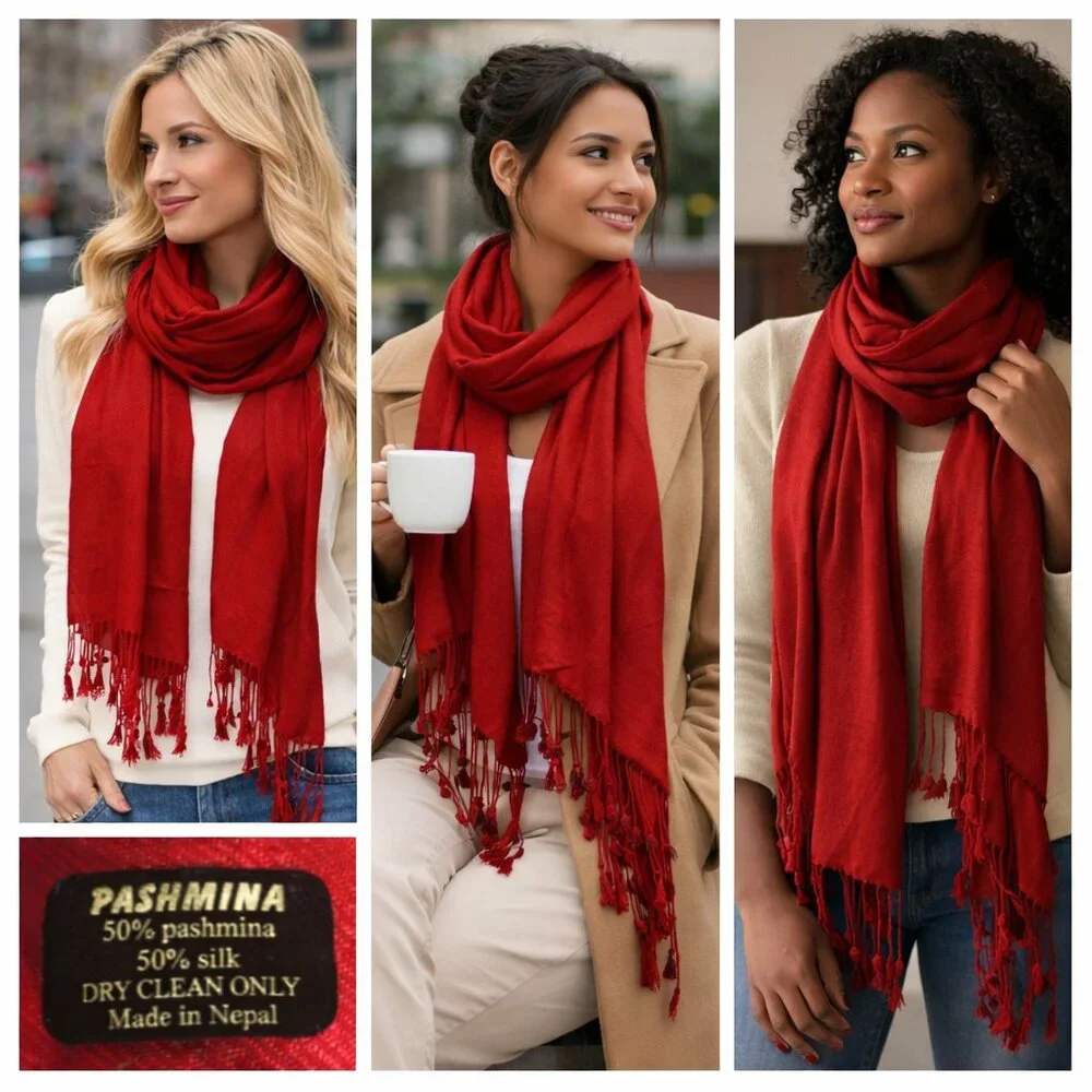 ❤️ Vintage Red Pashmina & Silk Scarf | Made in Nepal | Artsy Bohemian Timeless